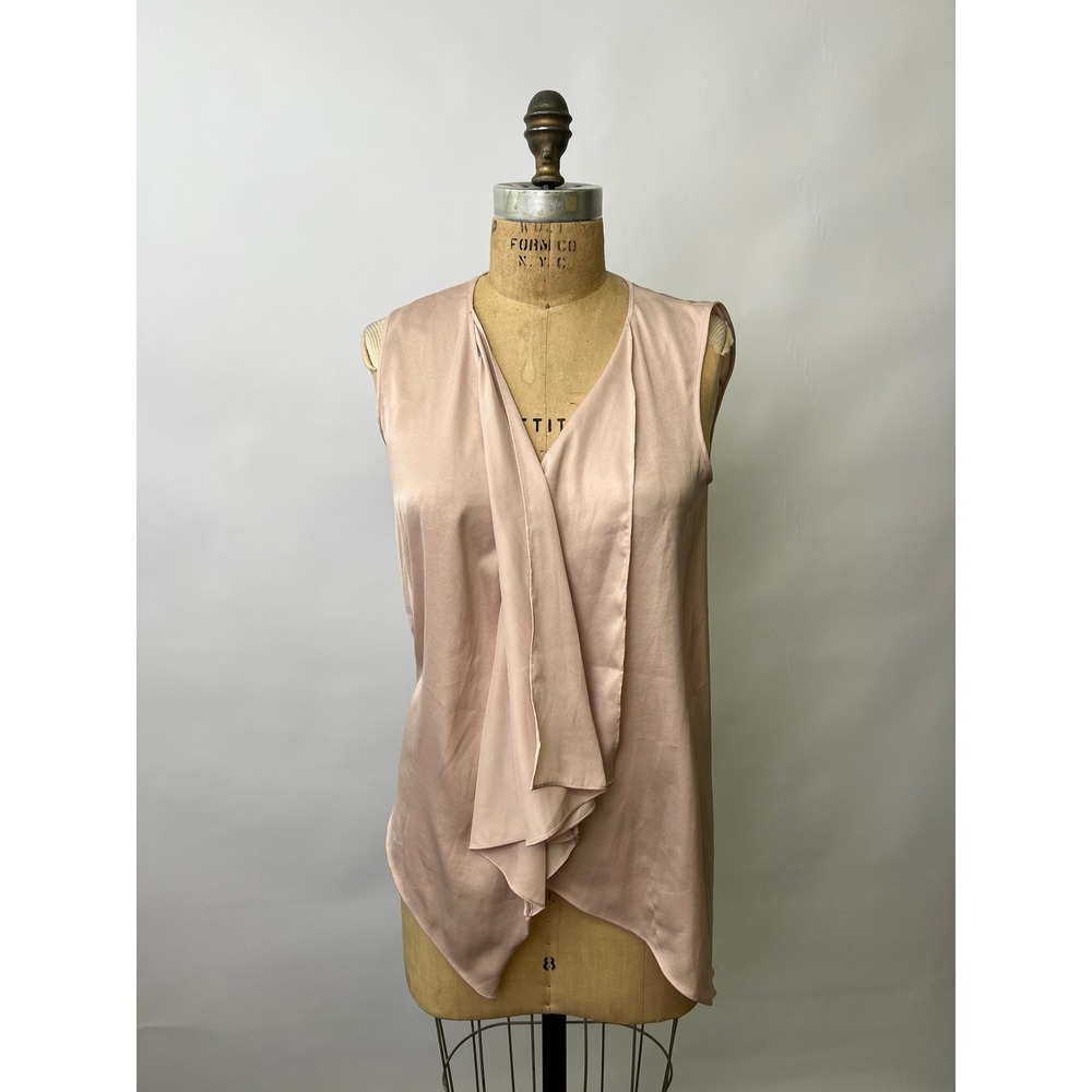 BCBGMAXAZRIA Womens Blush Pink Satin Draped Ruffle High Low Blouse XS 159